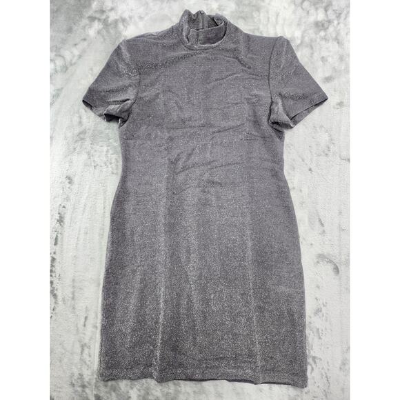 Vintage K.C. Spencer High Neck Short Sleeve Bodycon Dress Size L Metallic Silver - Picture 1 of 8